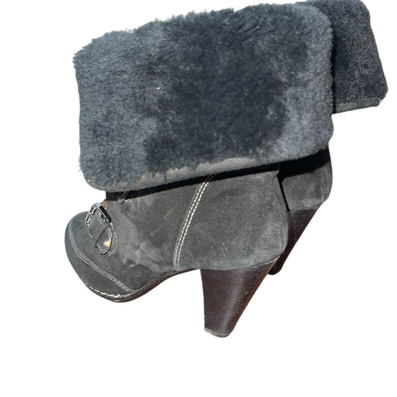 Sofft Women's Boots Size 8M Black Leather and Dyed Shearling Lamb Cone Heel - Picture 5 of 12